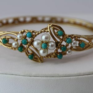 Victorian Style 14k Yellow Gold Hinged Bangle Bracelet with Turquiose and Pearls