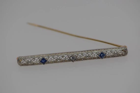 14K Yellow & White Gold Filigree Bar Pin with Sap… - image 1