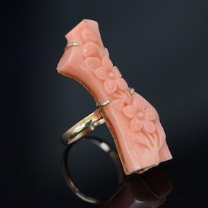 14K Yellow Gold Carved Floral Pink Coral Ring Circa 1950, Size 6