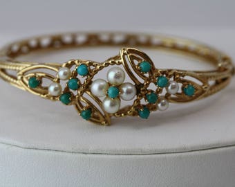 Victorian Style 14k Yellow Gold Hinged Bangle Bracelet with Turquiose and Pearls