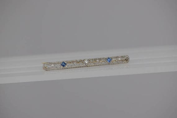 14K Yellow & White Gold Filigree Bar Pin with Sap… - image 6