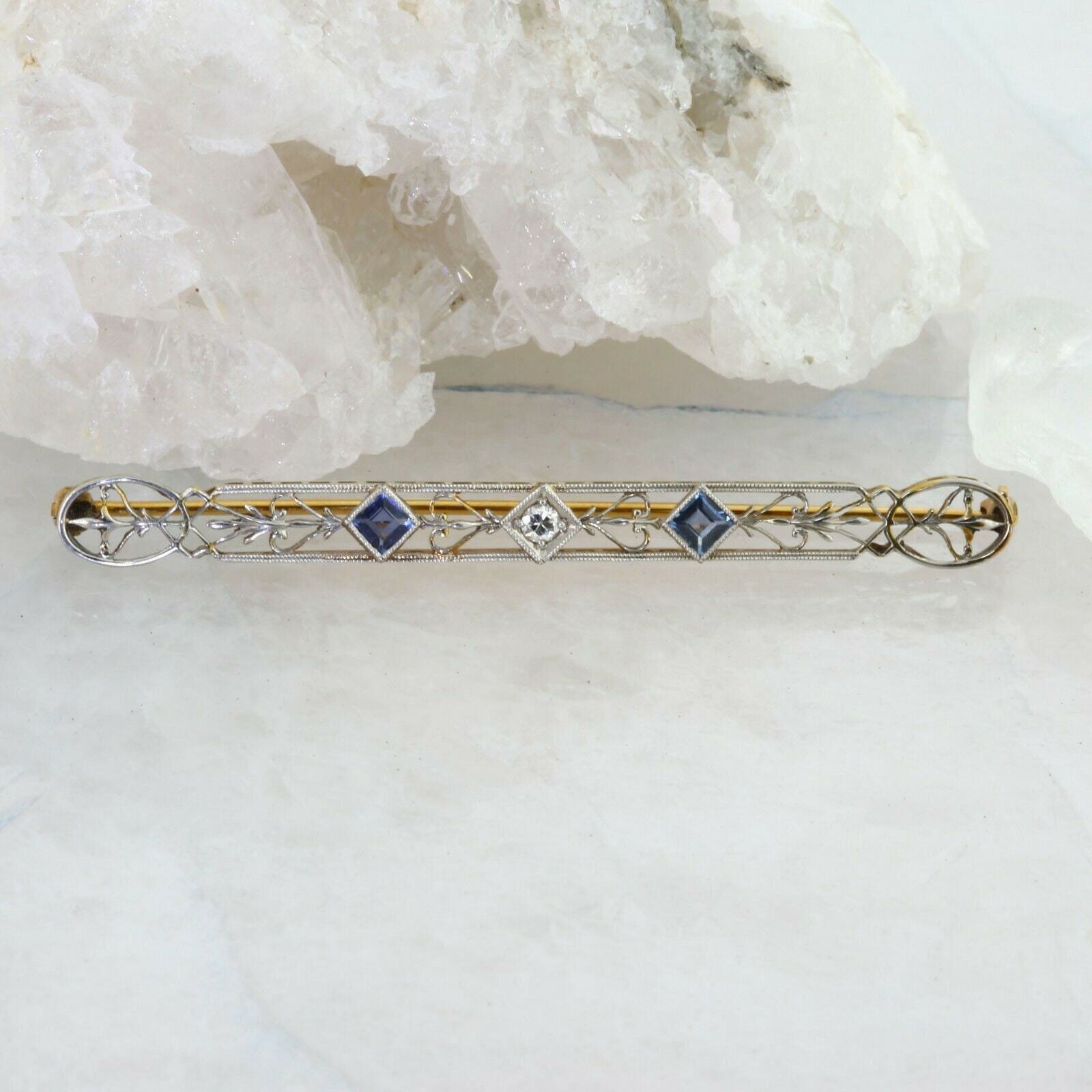 Antique 14K Yellow and White Gold Diamond and blue Sapphire Bar Pin Circa 1930