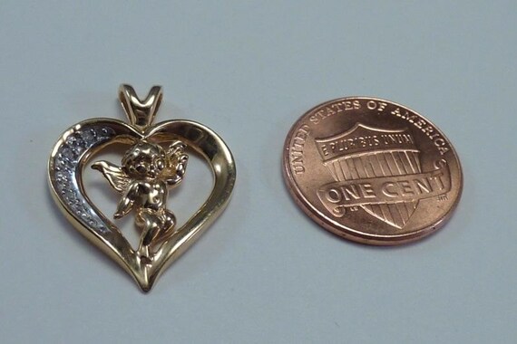14K Yellow Gold Heart Shaped Pendant with Cupid a… - image 2
