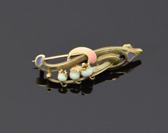 14K Yellow Gold Art Nouveau Enamelled Lily of the Valley Pin/Brooch, Circa 1900