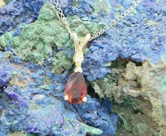 14K YG Garnet Necklace Pear Shaped Stone with Dia… - image 1