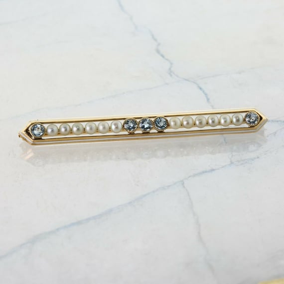 Antique 14K Yellow Gold Aquamarine and Pearl Pin … - image 2