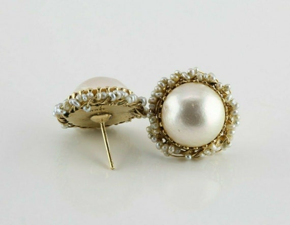 14K Yellow Gold Mabe Pearl Post Earrings with See… - image 2