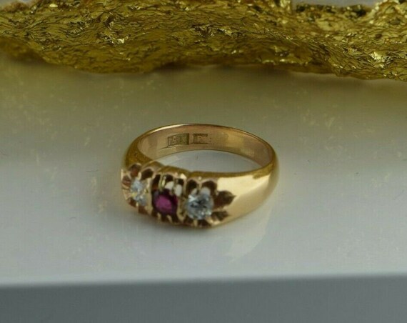 Vintage 15K Pink Gold Ruby and Diamond Three Ston… - image 7