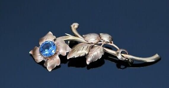 14K Yellow/Rose Gold Flower Brooch with Blue Zirc… - image 1