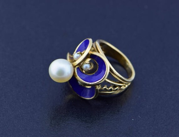 14K Yellow Gold  Pearl and Enamel Ring, Size 5.5 - image 5