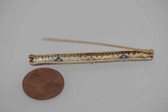 14K Yellow & White Gold Filigree Bar Pin with Sap… - image 4