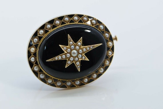 Victorian Mourning Pin/Pendant 1882 14K YG Black … - image 2