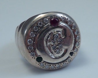 Sterling Silver Letter "C" Ring with Diamonds, Rubies and Emeralds, 25 grams