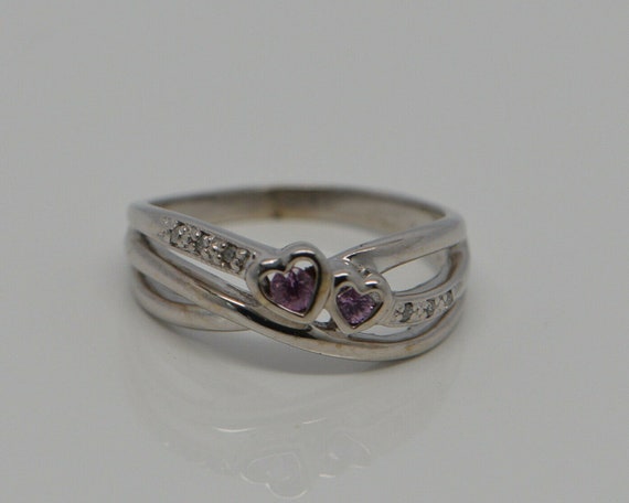 10K WG Pink Sapphire and Diamond Chip Hearts Ring… - image 4
