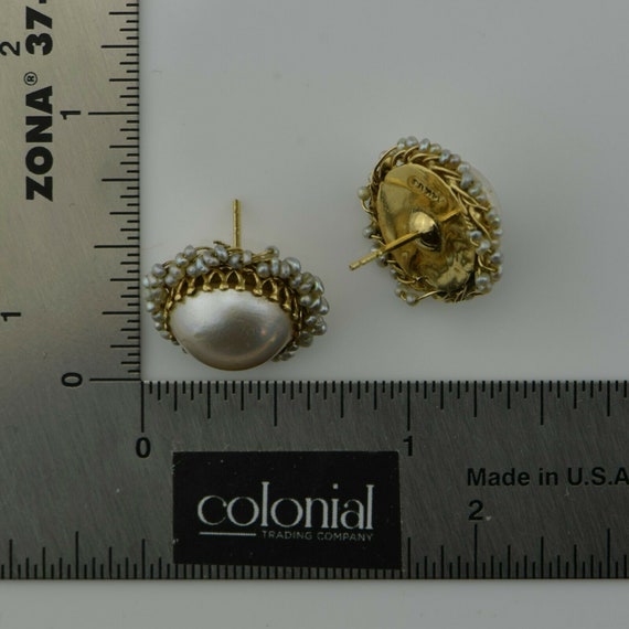 14K Yellow Gold Mabe Pearl Post Earrings with See… - image 6