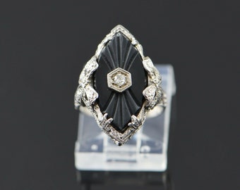 14K White Gold Vintage Onyx and Diamond Filigree Ring Circa 1930, Size 4