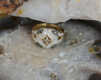 14K Yellow Gold Multi Colored Ring w/Chocolate, White & Black Diamonds Size 7