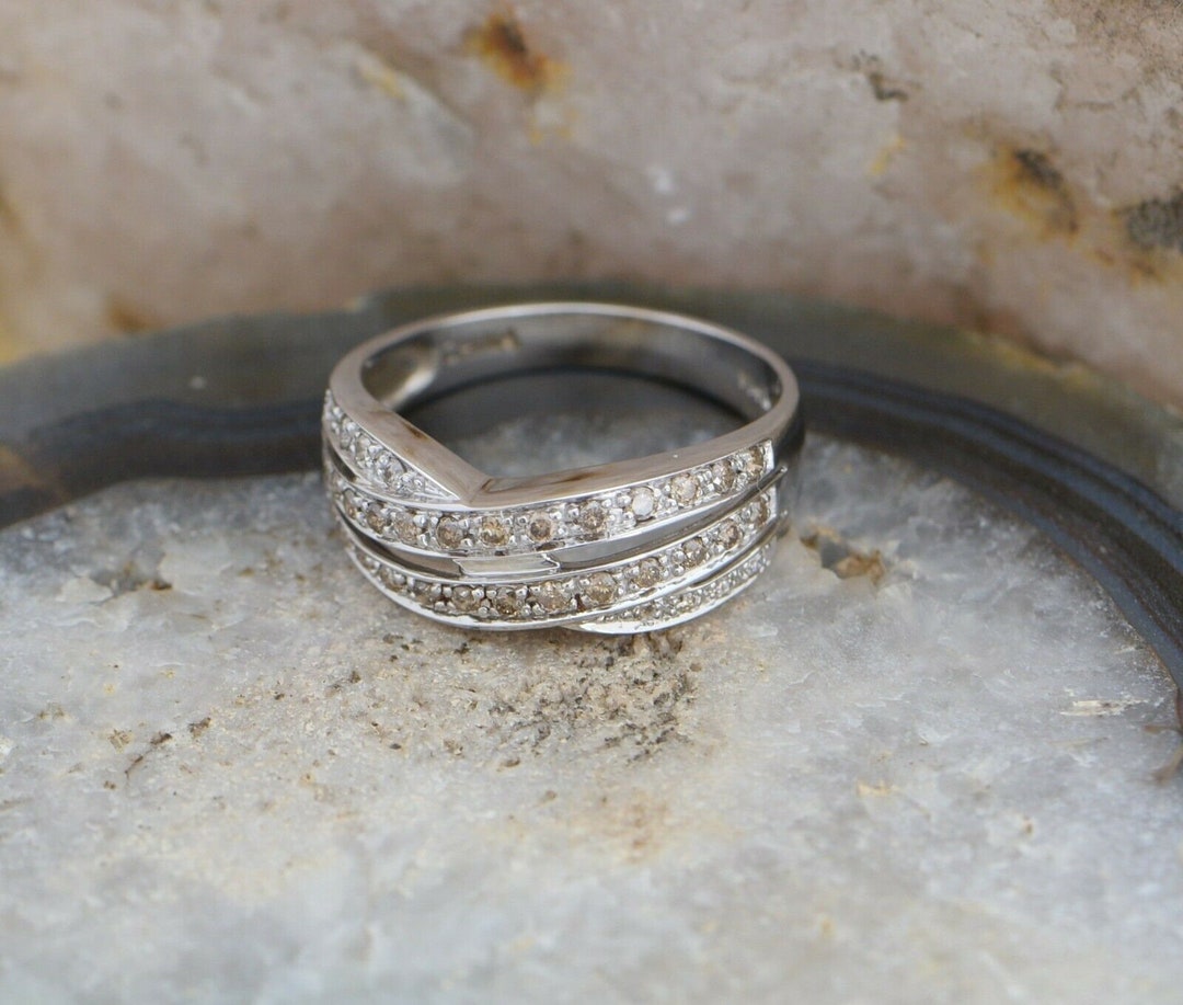 14K White Gold Diamond Ring With White and Champagne Diamonds
