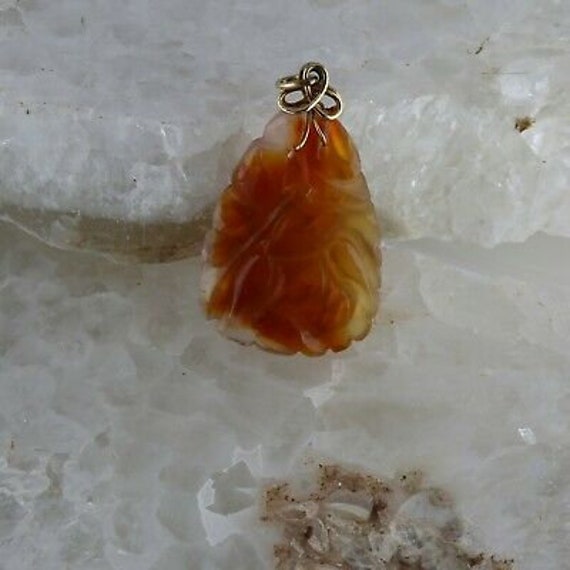 Vintage Chinese Carnelian Carved Floral Pendant C… - image 1