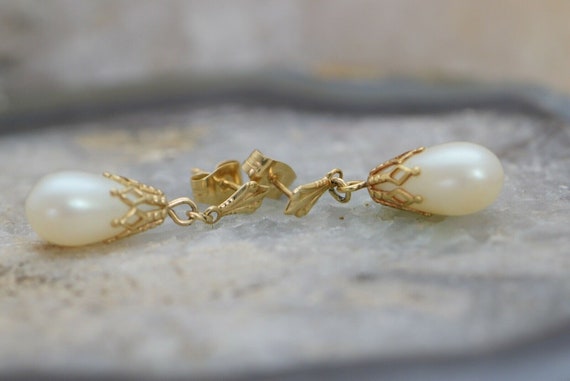 14K Yellow Gold Teardrop Pearl Ear Pendants