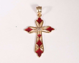 1.5 Gram 14k Yellow Gold Red Enamel and Diamond Chip Cross 1-1/2" Long