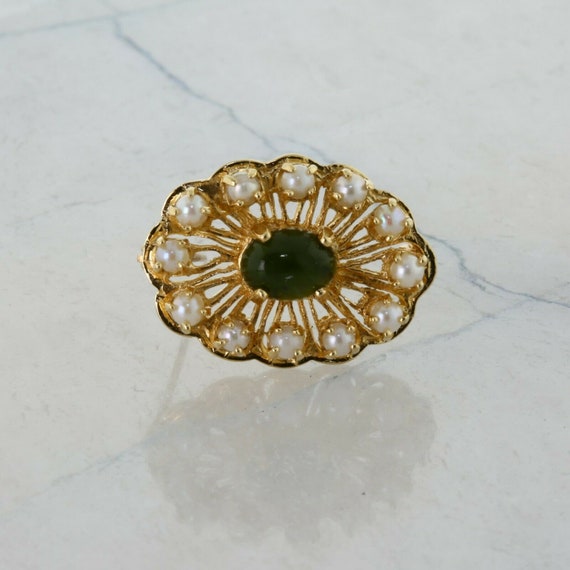 Vintage 14K Yellow Gold Nephrite Jade and Pearl P… - image 2