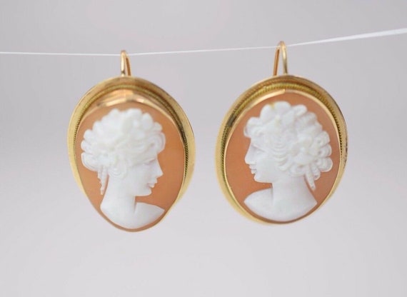 14K Yellow Gold Large Shell Cameo Earrings - image 1