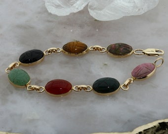 14k Yellow Gold Scarab Bracelet with Multi Colored Stones, Circa 1960