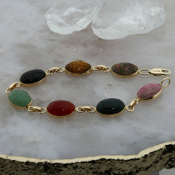 14k Yellow Gold Multi Gemstone Scarab Bracelet - Sindur Style