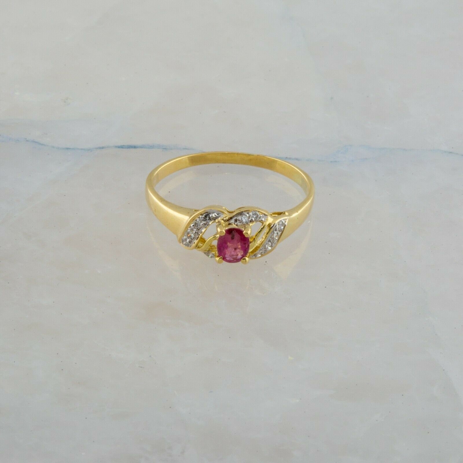 14K Yellow Gold Oval Ruby and Diamond Chip Ring Size 6.75