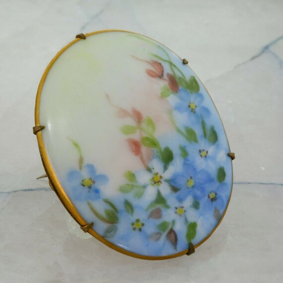 Antique Porcelain Floral Hand Painted Pin Gold Pl… - image 4