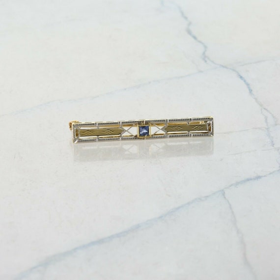 Art Deco 14K Yellow Gold Sapphire Bar Pin Circa 1… - image 3
