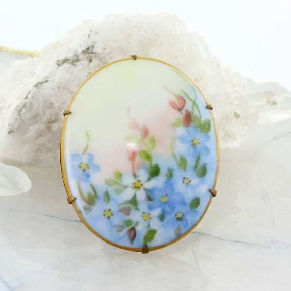 Antique Porcelain Floral Hand Painted Pin Gold Pl… - image 1