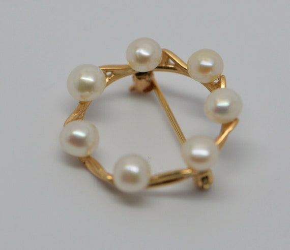 14K Yellow Gold Pearl Set Circle Pin/Brooch, Circ… - image 4