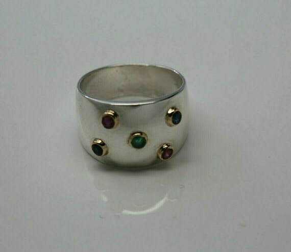 Sterling Gold Gem Set Band with Ruby Emerald and … - image 3
