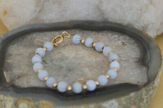 Gold filled Blue Lace Agate Beaded Bracelet, Circ… - image 1
