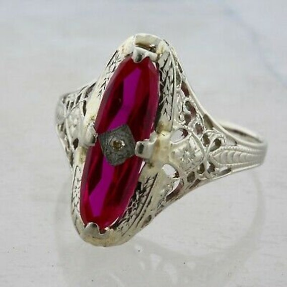 14K WG Deco Synthetic Ruby and Diamond Filigree R… - image 2