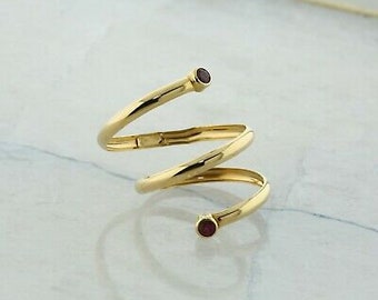 14K Yellow Gold Ruby Helical Ring 3 Turns Adjustable Size 6+- Circa 1980