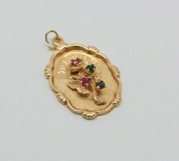 14K YG Mother Charm 4 Stones Pink Green Blue in a… - image 3