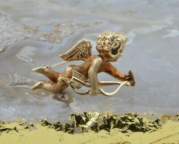14K Yellow Gold Cupid Pin Winged Cupid with Bow an