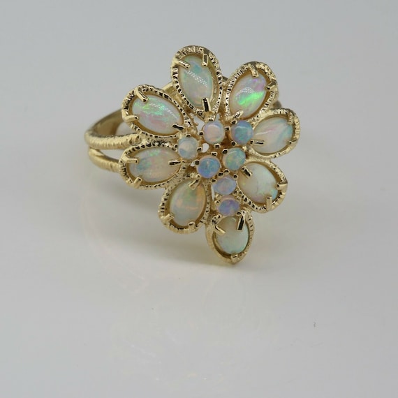 14K Yellow Gold Opal Flower Ring Fine Crystal Opa… - image 1