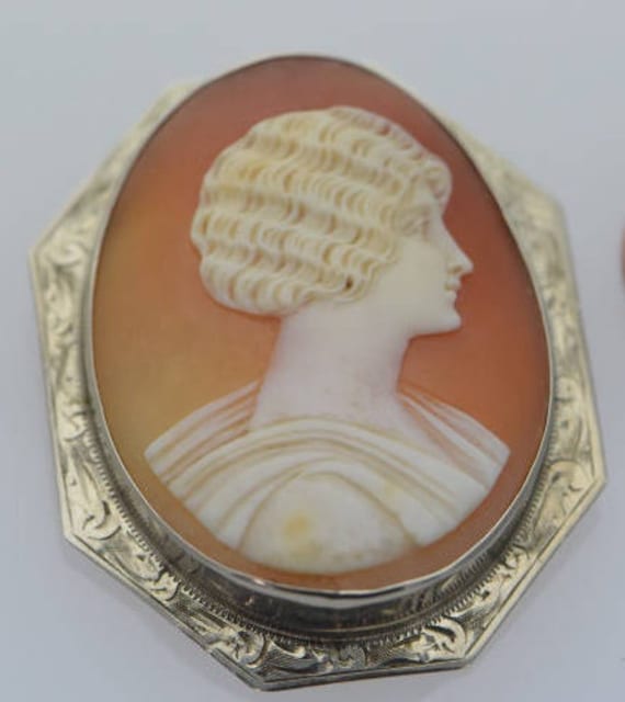 Vintage 10K White Gold Large Cameo Brooch, Circa 1