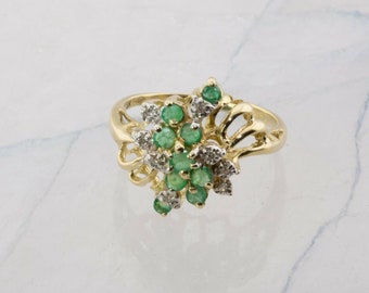 14K Yellow Gold Emerald and Diamond Cocktail Ring Size 8