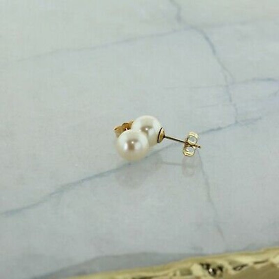 14K Yellow Gold Pearl Studs 7.5mm White Cultured … - image 3