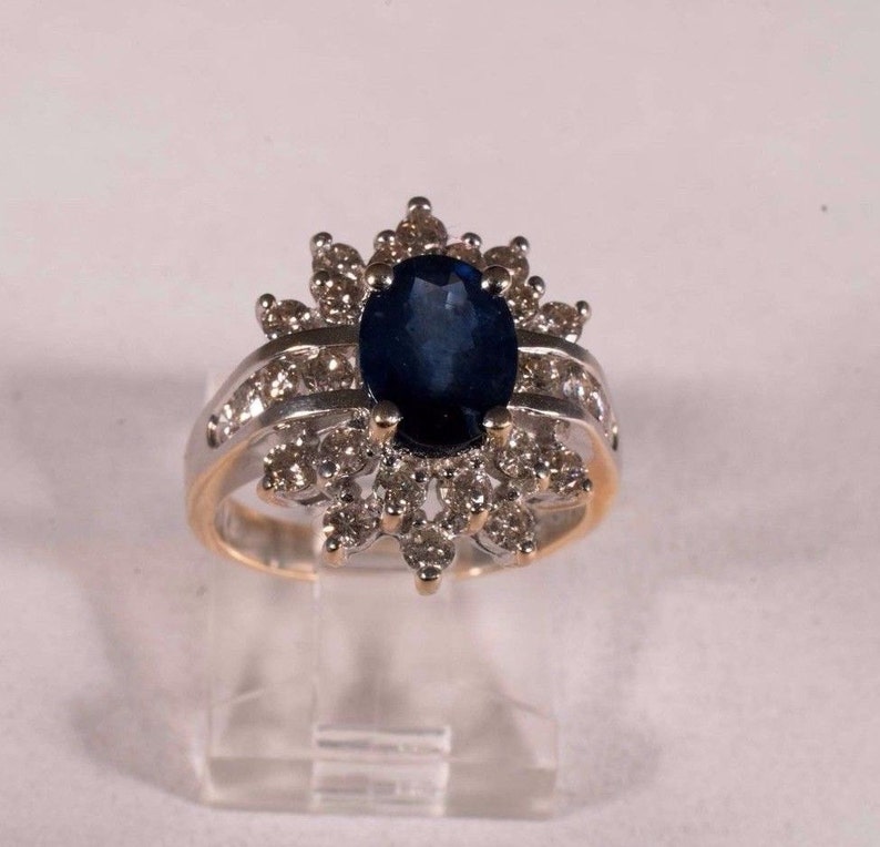 14K Yellow Gold Sapphire and Diamond Cluster Ring, size 6 image 2