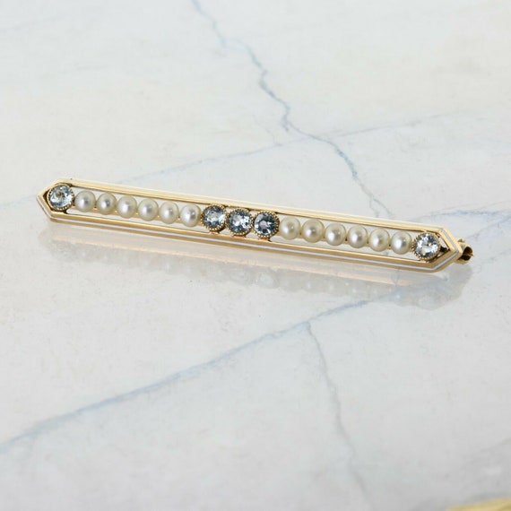 Antique 14K Yellow Gold Aquamarine and Pearl Pin … - image 3