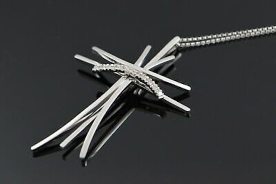 14K White Gold Modernist Cross w/11 Diamonds and … - image 1