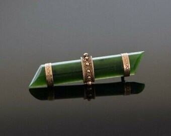 Antique 9K Rose Gold Nephrite Jade Bar Pin Etruscan Revival Circa 1880