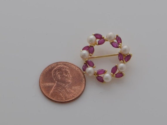 14K Yellow Gold Pearl and Ruby Pin, Circa 1950 - image 2