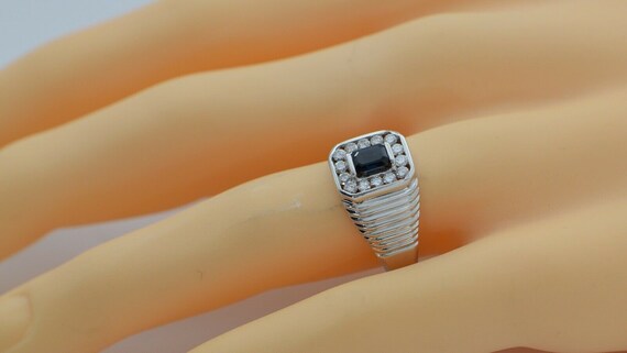 14K Man's WG Emerald Cut Sapphire and Diamond Rin… - image 3